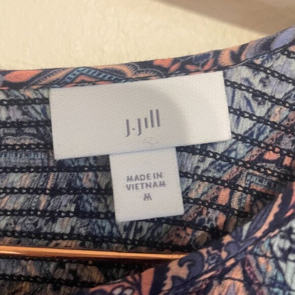 J. Jill | Blue/Pink Mosaic Design Smocked 3/4 Sleeve Boho Blouse Medium - Picture 2 of 5
